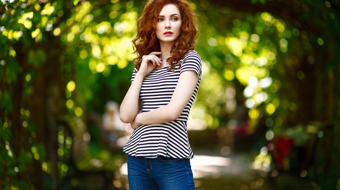 T, shirt, blue eyes, striped, girl, jeans, blurred, curly hair, redhead