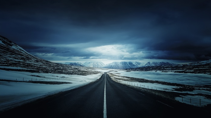 mountain, road, clouds, snow