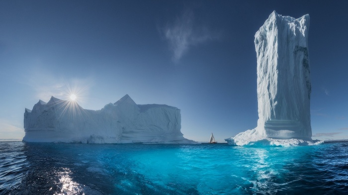 tower, turquoise, Greenland, summer, sea, nature, ice, sun rays, iceberg, landscape, blue, water