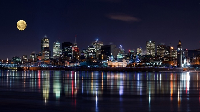 Canada, architecture, modern, urban, night, cityscape, long exposure, nature, moon, Montreal, skyscraper, lights, river, reflection, landscape
