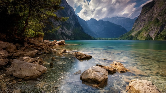 water, trees, Alps, lake, mountain, summer, clouds, landscape, nature