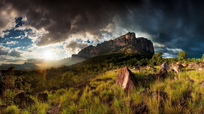 grass, rock, lens flare, Mount Roraima, shrubs, HDR, clouds, trees, nature, sky, mountain, forest, sun rays, sunset, Venezuela, field, cliff, landscape