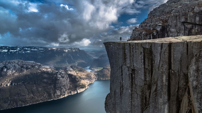 sea, fjord, rock, Europe, Preikestolen, clouds, calm, mountain, Norway, nature, landscape, cliff, water, valley, alone