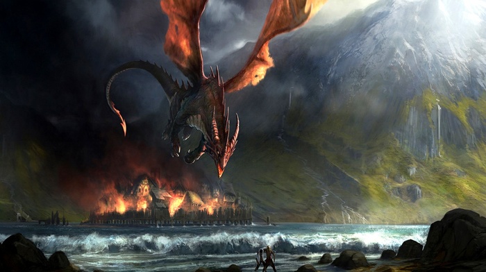 dragon, mountain, fire, burning