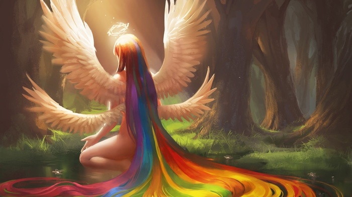fantasy art, angel, forest, rainbows