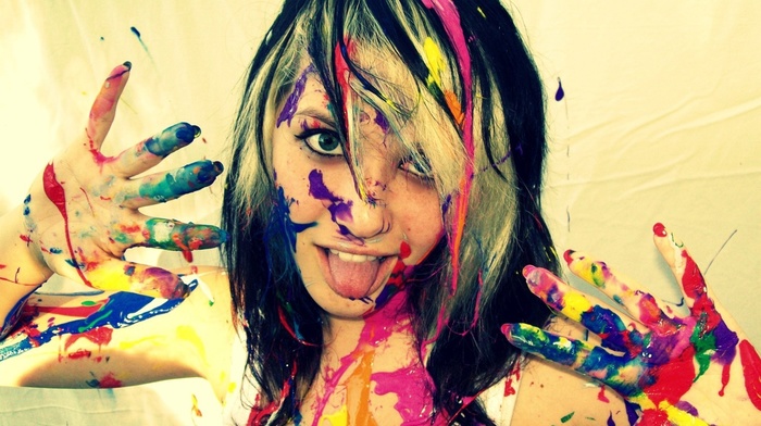 girl, paint splatter, tongues