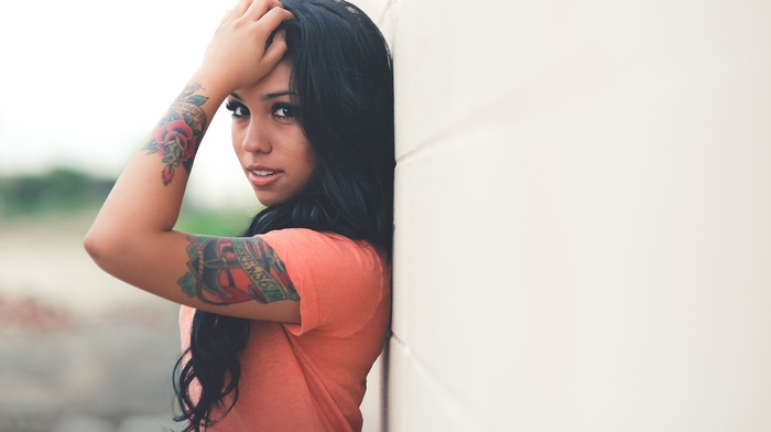 girl, walls, dark eyes, profile, hands in hair, looking at viewer, black hair, open mouth, arms up, tattoo