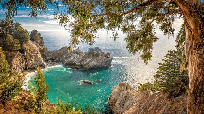 nature, california, rock, landscape, beach, trees, coast, waterfall, shrubs, coves, sea