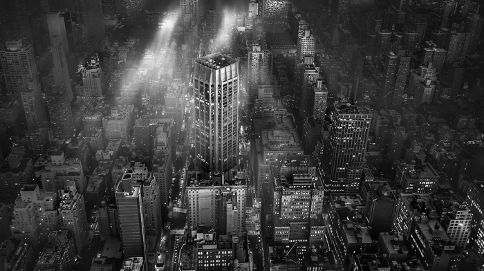 New York City, monochrome, architecture, metropolis, building, lights, landscape, mist, cityscape, urban, skyscraper