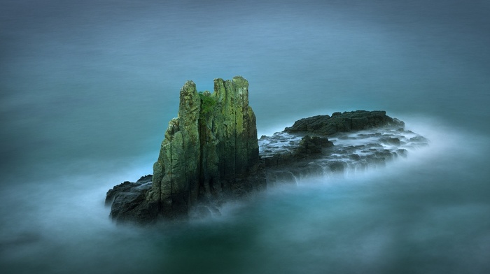 blue, sea, water, rock formation, long exposure, rock, landscape, nature, island, mist