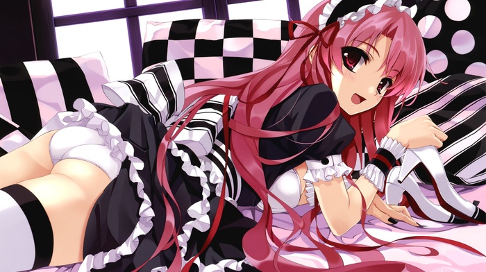 original characters, maid outfit, pink hair, panties, anime girls