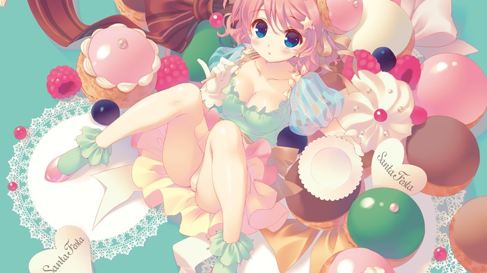 cupcakes, sweets, anime girls, original characters, upskirt, short hair, ecchi