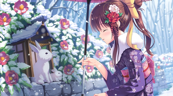 original characters, snow, rabbits, Japanese umbrella, flowers, anime girls, hair ornament, kimono