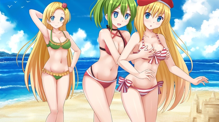 anime girls, bikini, original characters, beach