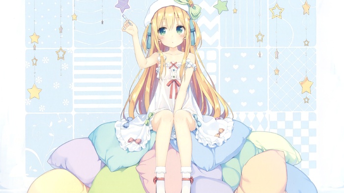 anime girls, pillows, dress, original characters, blonde