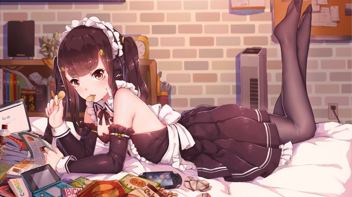 twintails, original characters, maid outfit, lying on front, anime girls, pantyhose