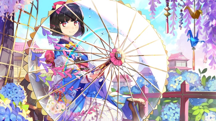 anime girls, flowers, kimono, short hair, traditional clothing, original characters, Japanese clothes, umbrella