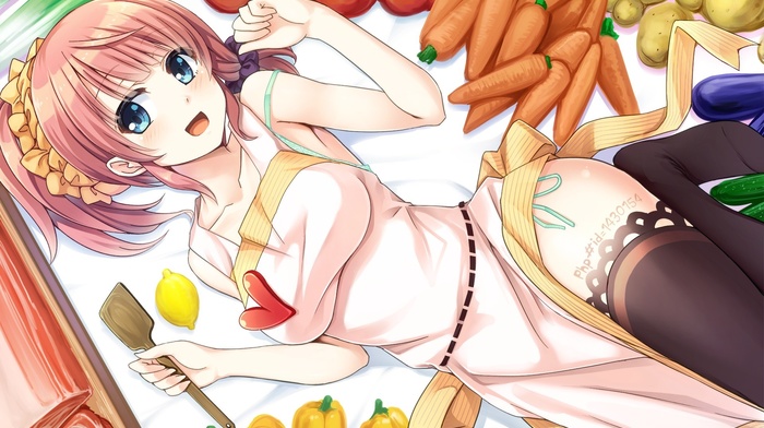 original characters, stockings, thigh, highs, apron, vegetables, anime girls