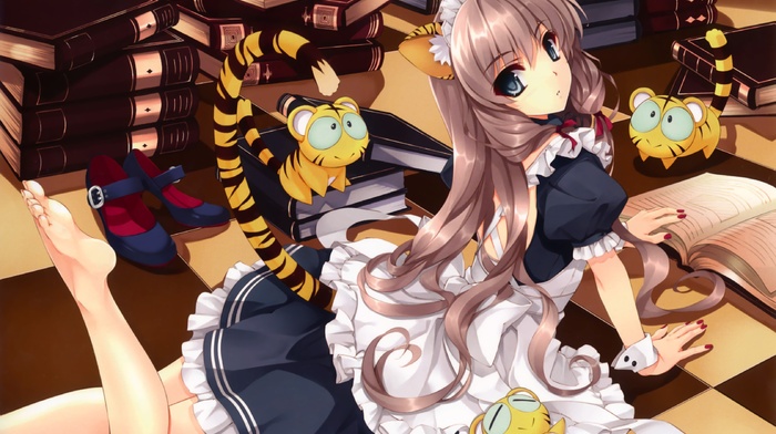 maid outfit, nekomimi, original characters, Comic Toranoana, anime girls, books, barefoot