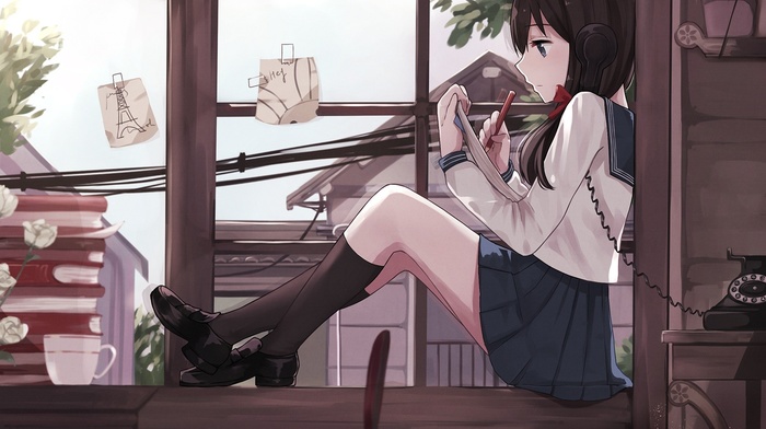 anime girls, school uniform, original characters, phone