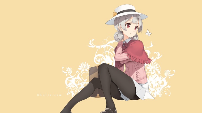 hat, anime girls, pantyhose, original characters, butterfly