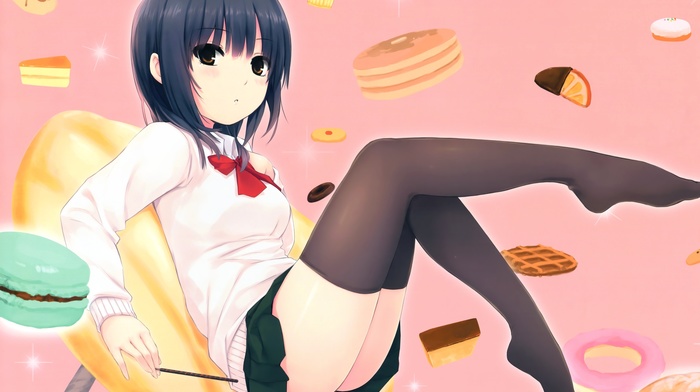 anime girls, original characters, coffee, Kizoku, thigh, highs
