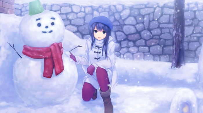 snow, coffee, Kizoku, original characters, anime girls
