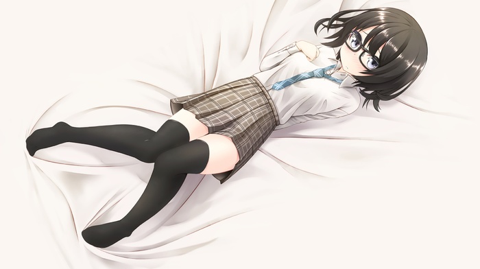 anime girls, school uniform, original characters, thigh, highs, meganekko, glasses