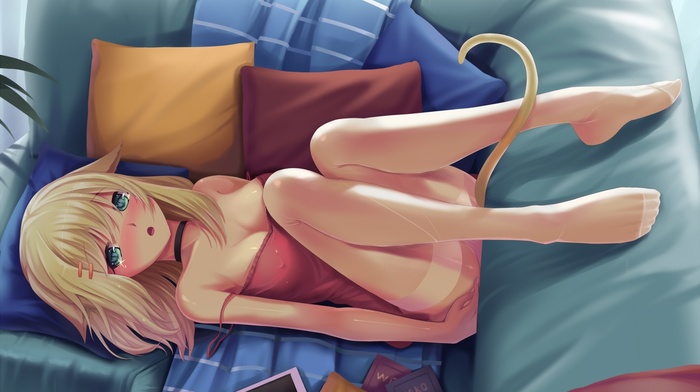 couch, anime girls, nekomimi, pillows
