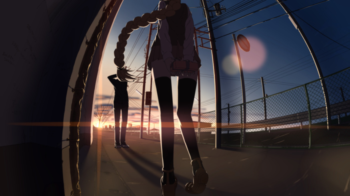 original characters, braids, sunset