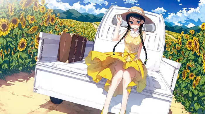 Afterschool of the 5th year, anime girls, original characters, Miyaguchi Hiromi, clouds, sunflowers, twintails, Kantoku