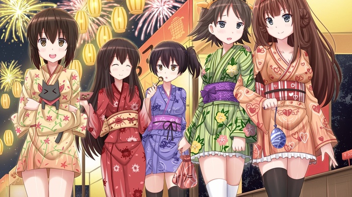 Kantai Collection, yukata, Hiei KanColle, Akagi KanColle, anime girls, Kongou KanColle, Kaga KanColle, Fubuki KanColle