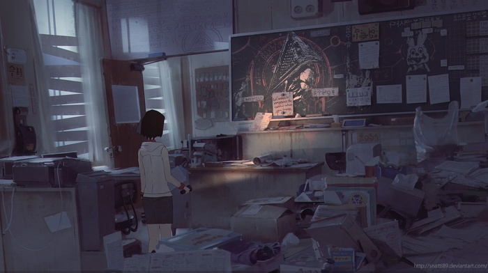 original characters, classroom, Silent Hill  2, flashlight, abandoned, Pyramid Head, anime girls