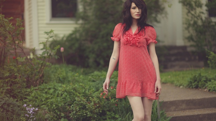 red dress, tattoo, girl, dress, dark eyes, brunette, girl outdoors