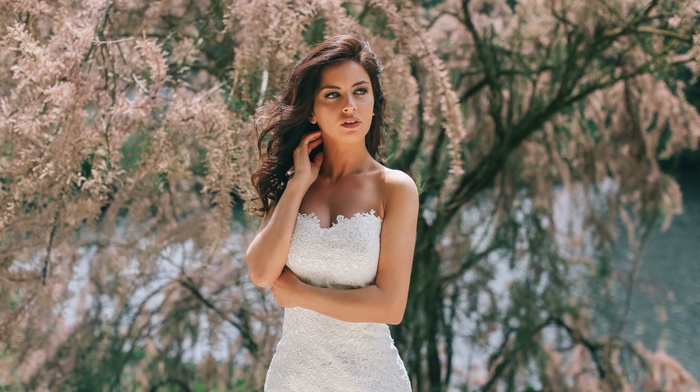 model, Aurela Skandaj, girl, portrait, looking away, white dress