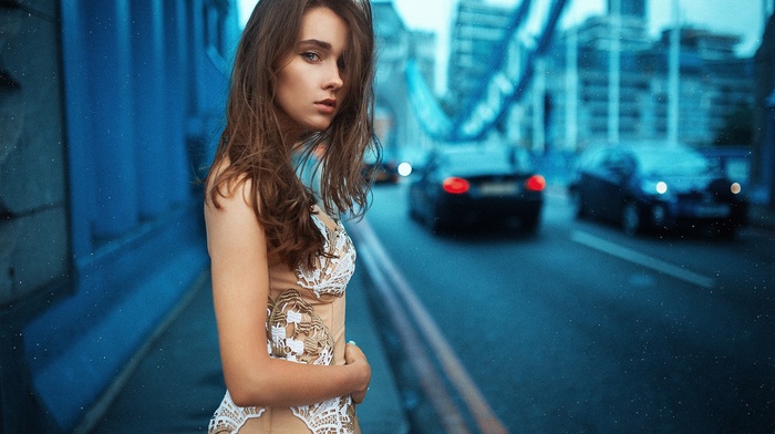 portrait, city, girl, road