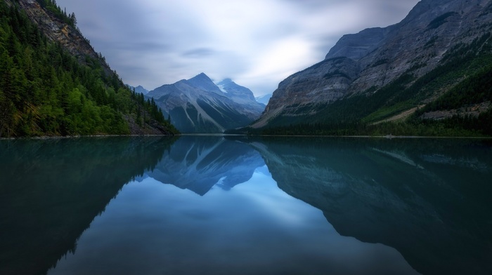 morning, water, cliff, nature, lake, trees, Canada, mountain, British Columbia, calm, reflection, landscape, valley, clouds