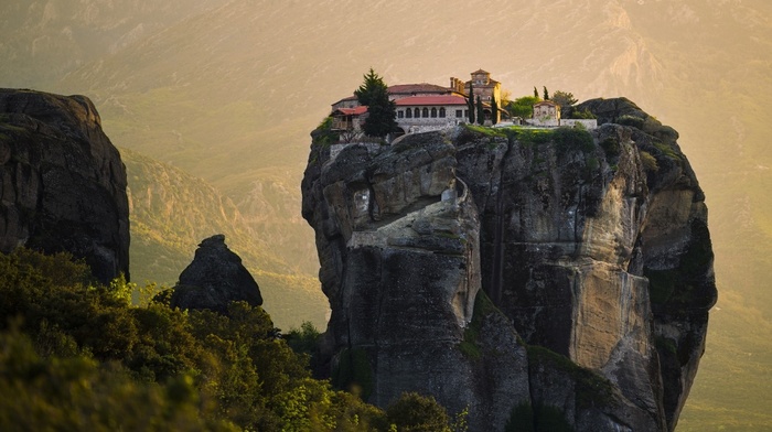 shrubs, Greece, architecture, cliff, nature, landscape, monastery, mist, rock, Meteora, mountain