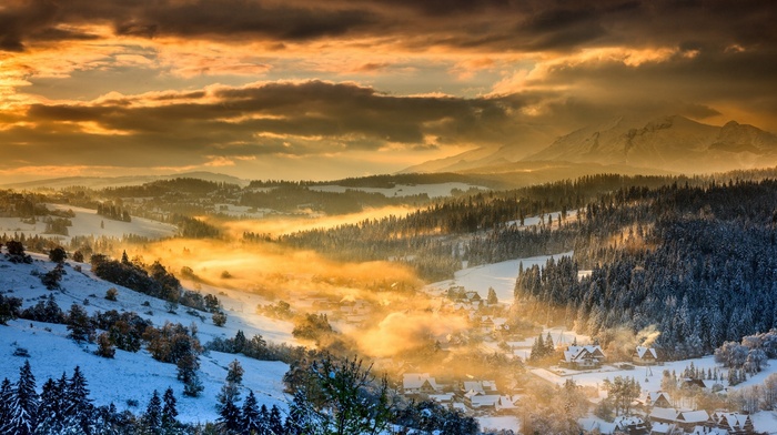 forest, winter, nature, clouds, mountain, sky, village, mist, valley, landscape, sunset, Poland, snow