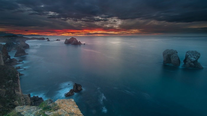 calm, sunset, coast, sky, clouds, sea, landscape, nature, Spain, blue, rock