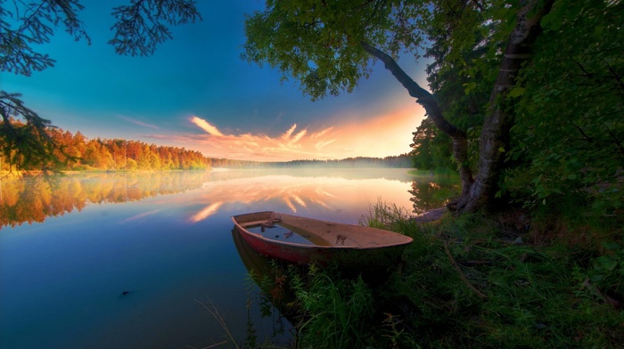 water, trees, landscape, sunrise, fall, boat, nature, Russia, clouds, mist, forest, reflection, river, shrubs, abandoned