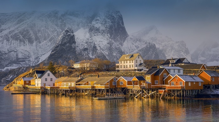 sea, nature, mist, mountain, fjord, village, sunset, snowy peak, Norway, landscape
