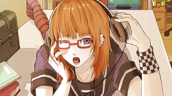 orange hair, original characters, headphones, anime girls, glasses