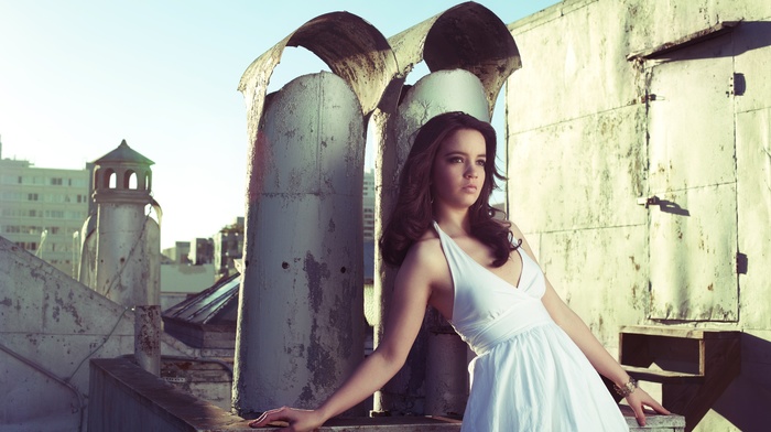 model, white dress, girl, rooftops