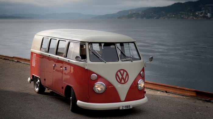 coast, vintage, Volkswagen, tuning, sea, road, buses, car, classic car, street, hill
