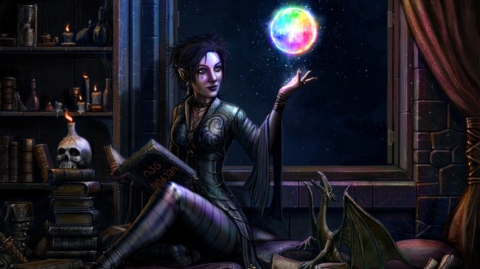 witch, books, fantasy art, window, girl, candles, dragon, moon, colorful, curtains, pillows, skull, night, stars, digital art, magic, painting