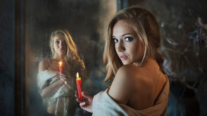 model, open mouth, reflection, girl, bare shoulders, face, candles, blonde, Dasha Shovkoplyas, looking at viewer, long hair, mirror, blue eyes