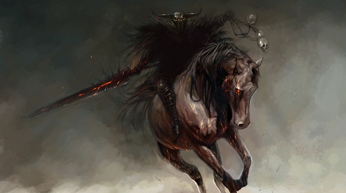 horseman, warlocks, sword, skull, fantasy art, horse, red eyes, war