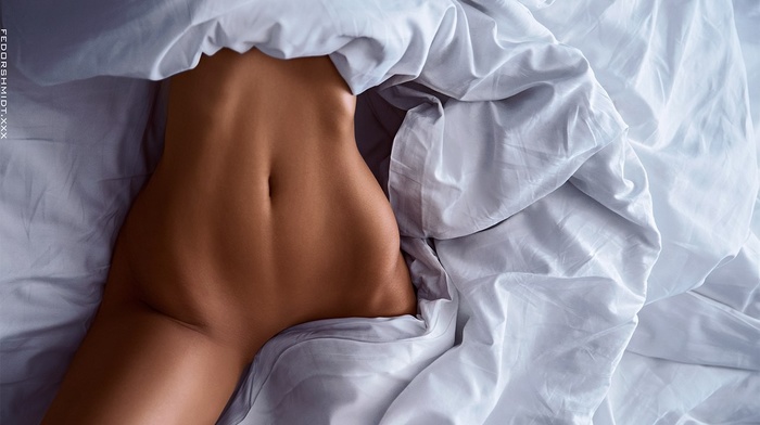 flat belly, strategic covering, in bed, lying down, girl, Fedor Shmidt, nude