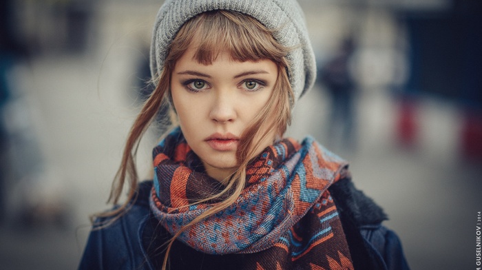 green eyes, girl, Maxim Guselnikov, girl outdoors, auburn hair, Anastasia Scheglova, scarf, hat
